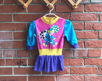 1989 Vintage Playskool Colourblock Peplum Sweatshirt Rollerskates Print Purple Pink Yellow Turquoise Toddler