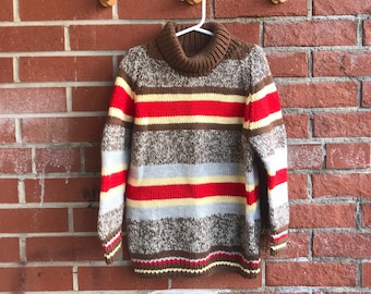 Vintage Hand-knit Kids Striped Turtleneck Sweater Brown, Beige, Red