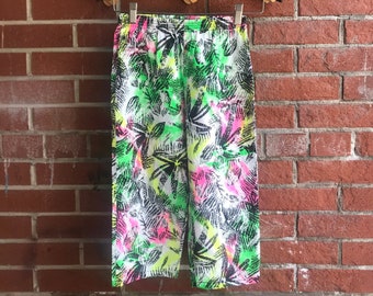 80s Vintage Alleycats Neon Multicoloured Palm Printed Lightweight Cropped Pants / Summer / Long Shorts / Elastic Waist