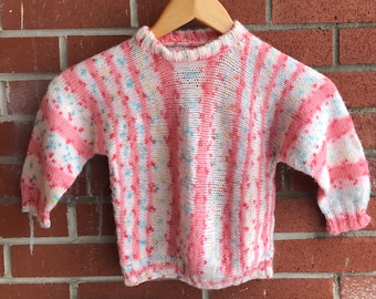 Handknit Toddler Pink Striped & Printed Pullover Sweater 80's Style