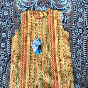 Vintage 1960s Mod Orange Funky Printed Shortall Playsuit Girls Romper Deadstock Metal Zipper Sassie Lass