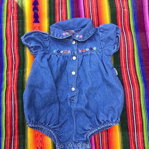 Vintage London Blues Denim Baby Romper Embroidered Flowers Button Front Cap Sleeves Diaper Snaps 9M