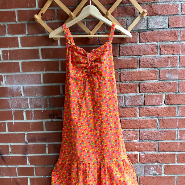 Vintage Flower Power Handmade Orange Long Sundress Ruffle Skirt Spaghetti Straps Big Girl Youth Womens XXS