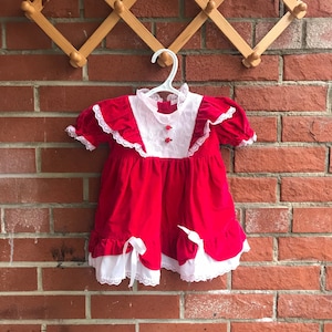 Vintage Baby Red Velvet Christmas Dress Lace Trim Roses Details Ruffle Skirt with Bows 18M