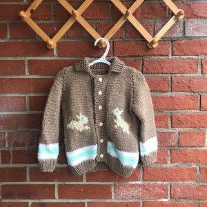 Handknit Toddler Button Front Sweater with Collar Light Brown Puppies White and Green Trim