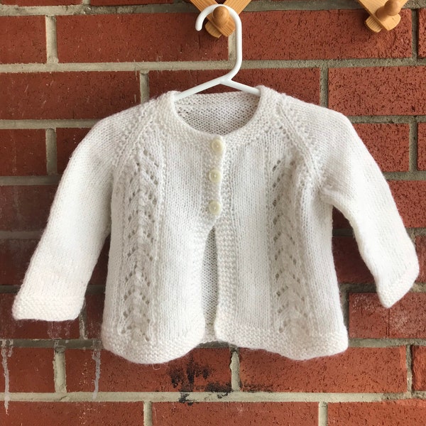 Hand-knit Baby Sweater Cardigan White 3 Buttons Open Front