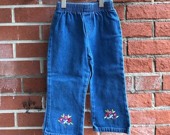 Vintage Toddler Elastic Waist, Pull-on Denim Jeans with Embroidered Flowers at Hem