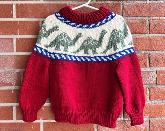 Hand-knit Fair Isle Style Kids' Pullover Dinosaur Pattern Sweater