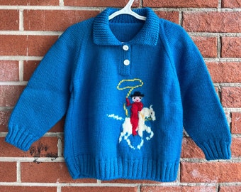 Handknit Pullover Kids Cowboy Sweater - Blue with Collar