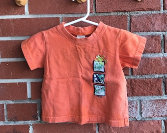 Vintage Oshkosh Baby Tee Orange Baby T-Shirt Embroidered Frog "Oshkosh Creature Camp" Patches