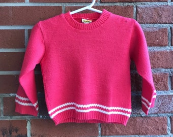 Vintage Kids Knit Pullover Sweater Coral Coloured with White Stripes