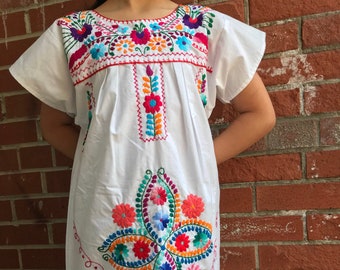 Handmade Mexican Girls Dresses Embroidered Mexican Dresses - White, Blue and Green Options