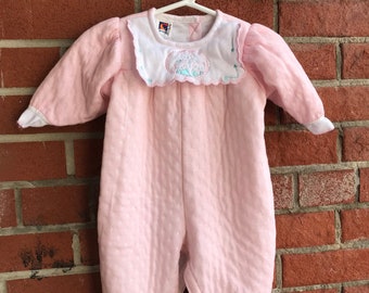 Vintage Carters Quilted Baby Romper Pink with Flap Collar and Embroidered Kitties
