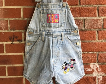 Vintage Mickey & Co. Light Denim Kids Shortalls Embroidered Minnie and Mickey and Logo Patch on Bib 90's Streetwear