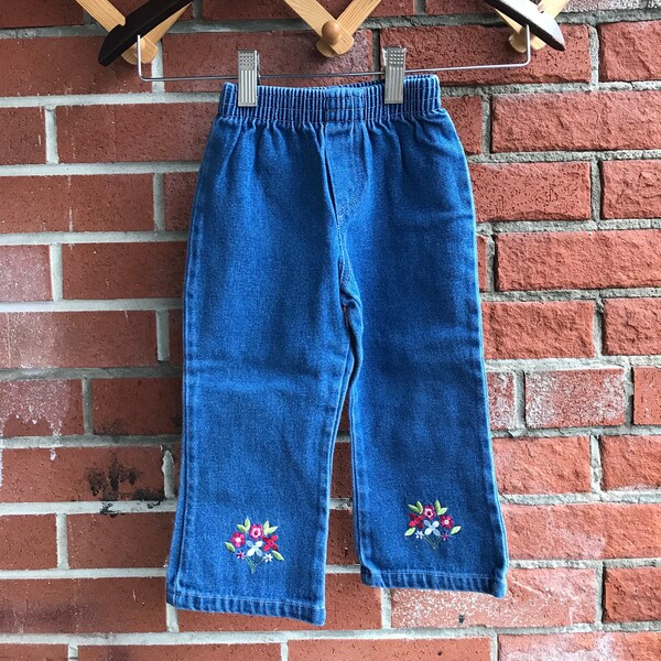 Vintage Kleinkind Elastische Taille, Pull-on Denim Jeans mit Gestickte Blumen am Saum