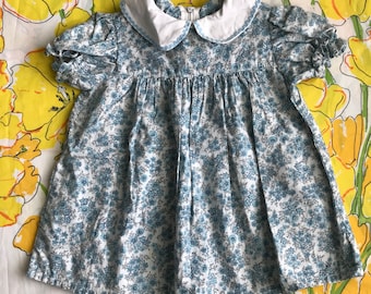 Vintage Handmade Baby Dress Ditsy Blue and White Florals - Vintage Toddler Clothes