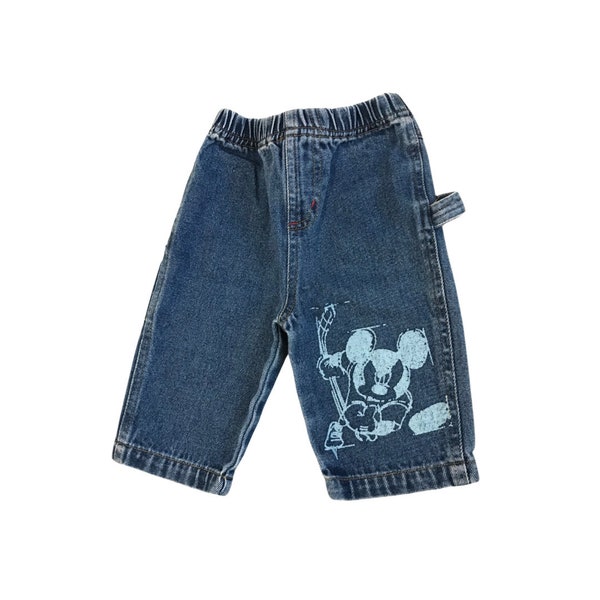 Vintage Disney Baby Denim Jeans - Pull-on mit elastischer Taille - Mickey Siebdruck am Bein