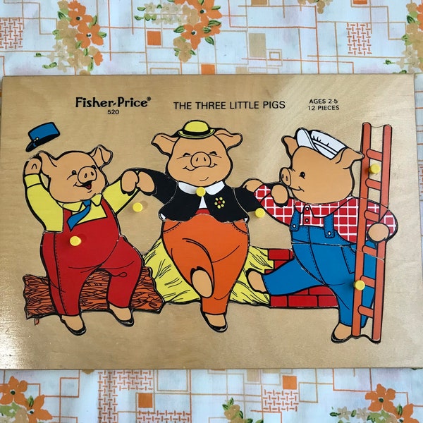 Vintage Fisher Price Pick-Up en Peek Wood Tray PUZZEL, #520 De drie kleine varkens, Vintage houten puzzel, 1971-1979, Made in USA