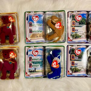 TY McDonald's Teenie Beanie Babies Sealed in Original Box-Peanut the Blue Elephant,Charities Millenium Bear,Humphrey the Camel,Rex the T-Rex