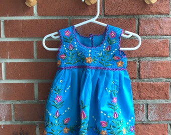 Embroidered Mexican Style Baby or Toddler Dress - Blue with Purple Trim and Embroidered Florals