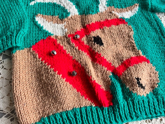Vintage Hand Knit Kids Reindeer Sweater with Bell… - image 2