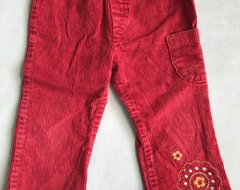 Vintage Toddler Corduroy Pants with Elastic Waist - Burnt Red with Embroidered Leg and Side Cargo Pocket