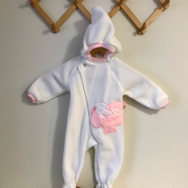 Vintage Fleece Hooded and Footed Baby Bunting White with Pink Trim and Pink 3D Elephant Full Zip