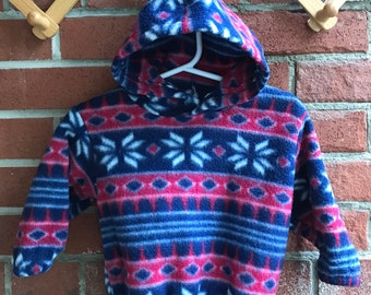 Vintage Baby Pullover Hooded Fleece Red Blue Printed Teddy's Choice - 90's Baby Clothes