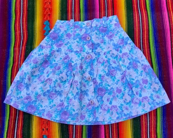 80's Vintage High Waisted Button Front Girls Skirt Pastel Florals 4
