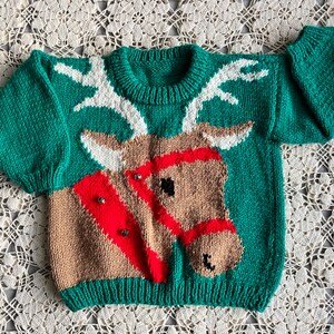 Vintage Hand Knit Kids Reindeer Sweater With Bells Green, Red and
