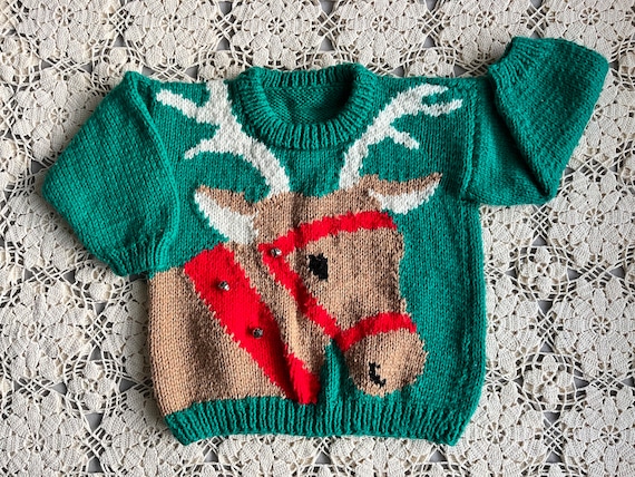 Vintage Hand Knit Kids Reindeer Sweater with Bell… - image 1