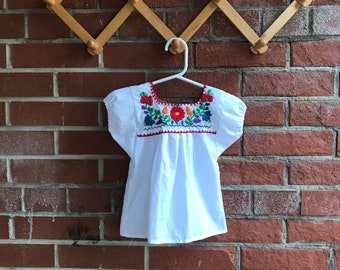 Hand Embroidered Mexican Blouse for Girls White with Vibrant Coloured Embroidery Huipiles Mexicana Para Niña Girls Puebla Blouse