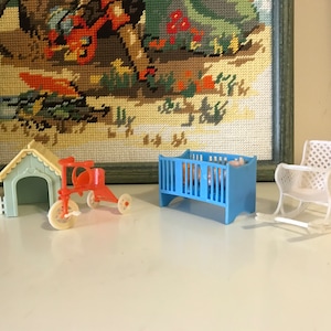 Vintage Dollhouse Furniture - Pretend Play Plastic Toys - Lot of 5 - Doghouse, Crib, Baby, Rocking High Chair, Tricycle - Vintage Kids Toys