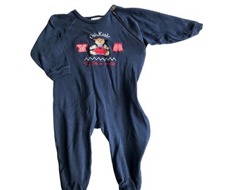 Vintage Oshkosh Baby Footed Sleeper with Zipper Closure and Embroidered Bear and Logo Made in Canada Navy Blue and Red