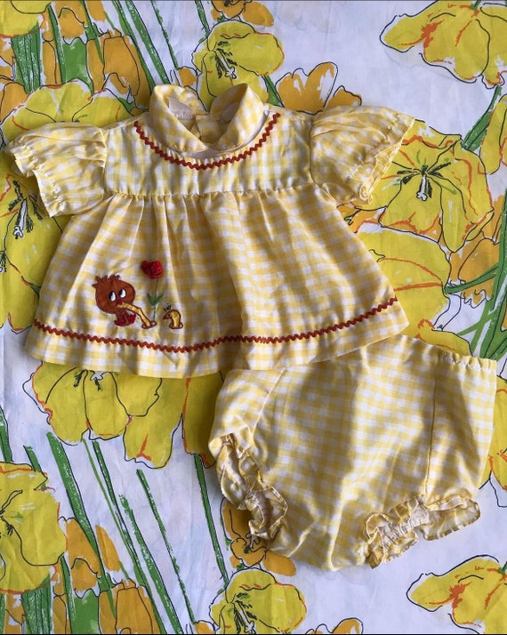 Vintage Baby Set Yellow and White Gingham Bird and