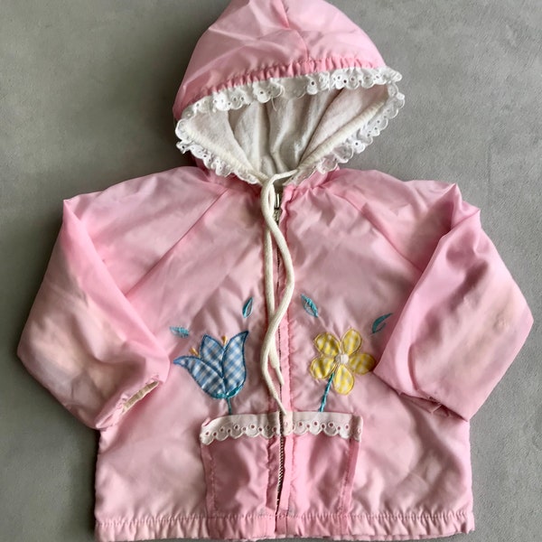 Vintage Baby/Toddler Windbreaker Lined with Gingham Appliqué Flowers - Light Pink Spring Windbreaker - Vintage Baby Clothes