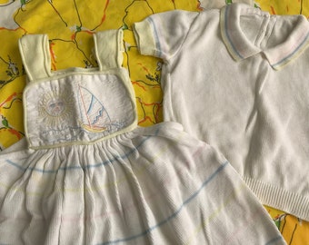 Vintage Baby 2 Piece Outfit Dress and Shirt Pastel Colours Nautical Theme Sailboat and Sunshine