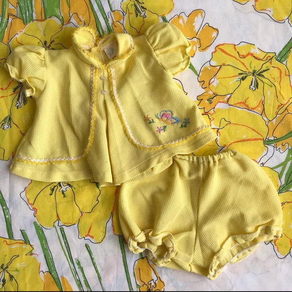 Vintage Baby Set - Vintage Baby Summer Clothes - Yellow with Embroidered Butterflies - Top and Bloomers