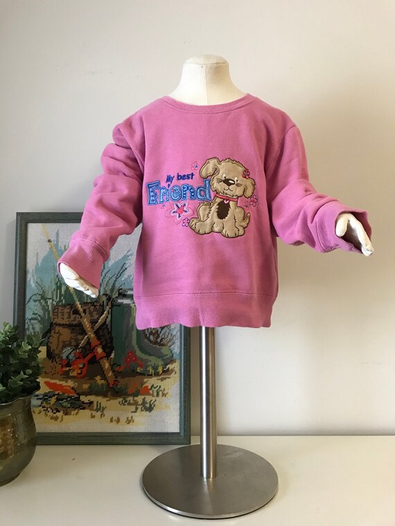 Vintage Kids Pink Crewneck Sweatshirt Embroidered Words with Puppy Appliqué