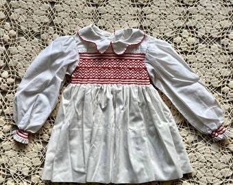Vintage Smocked Bodice Baby or Toddler Dress White with Red Trim and Peter Pan Collar