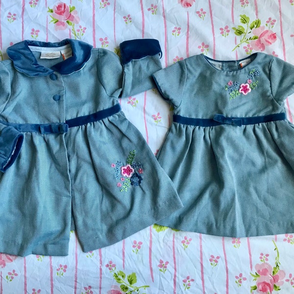 Vintage Baby Dress and Jacket Set Blue with Velour Trim and Embroidered Flowers