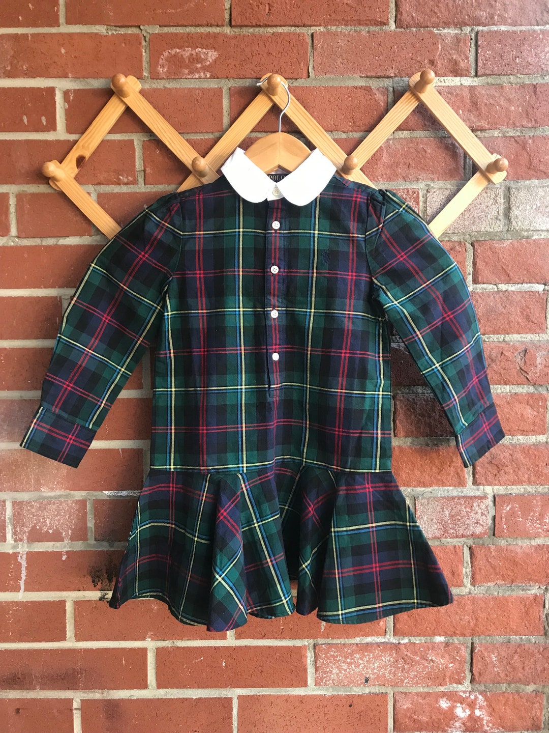 Polo Ralph Lauren Girls Tartan Plaid Dress With White Collar Green and Navy Etsy