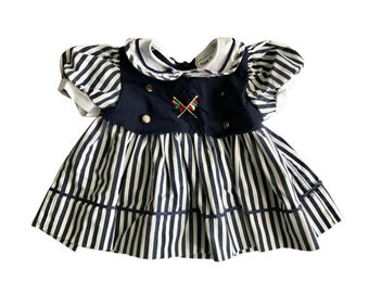 Vintage Baby Dress Nautical Themed Featuring Anchors on the Silver Buttons, a Peter Pan Collar and Blue and White Stripes - Summer Baby