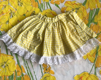 Handmade Vintage Girls Gingham Skirt with Elastic Waist, Lace Hem and Heart Pocket - Yellow and White with Elastic Waist and Ties at Hip