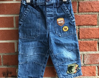 Vintage Disney Baby Camp Pooh Blue Denim Pull-on Jeans with Elastic Waist - Embroidered Winnie the Pooh - Baby Jeans with Patches