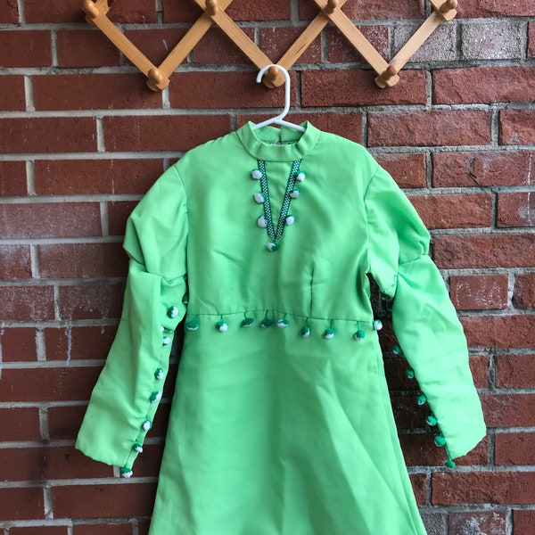 Handmade Vintage Girls Dress Mint Green with Pom-poms 50's Retro Metal Zipper