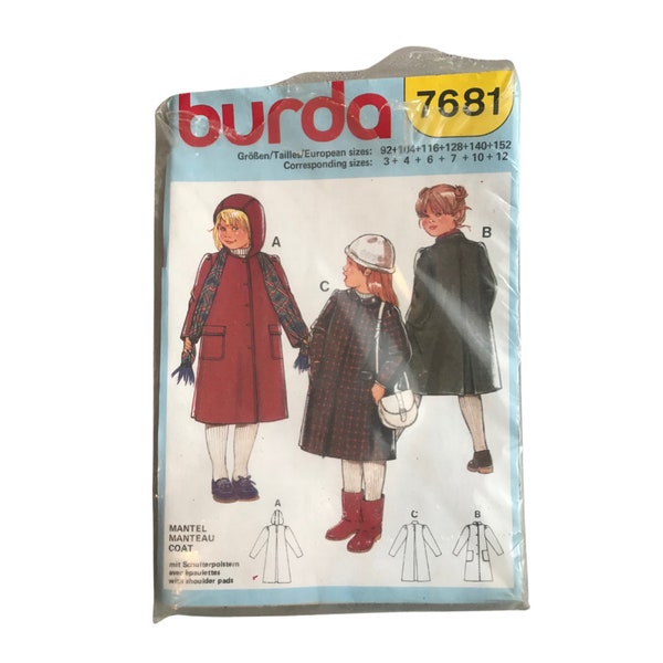 Vintage Sewing Pattern Burda 7681 - Girls Pea Coats - Vintage Kids Coats - Vintage Kids Clothes Pattern