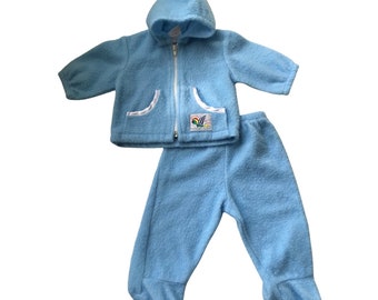 Vintage Little Miracles 2 Piece Blue Fleece Footed Pants and Zip Up Hoodie with Nautical Patch Made in Canada Size 6-9M