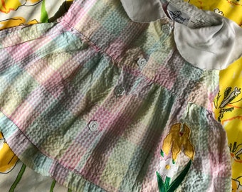 Vintage Baby Summer Dress - Pastel Gingham Seersucker Sleeveless with Flap Collar and Floral Appliqué