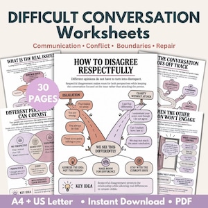 May include: A set of 30 printable worksheets titled Difficult Conversation Worksheets, featuring guides on communication, conflict, boundaries, and repair. The pages include diagrams, flowcharts, and text on how to disagree respectfully, available in A4 and US Letter sizes.
